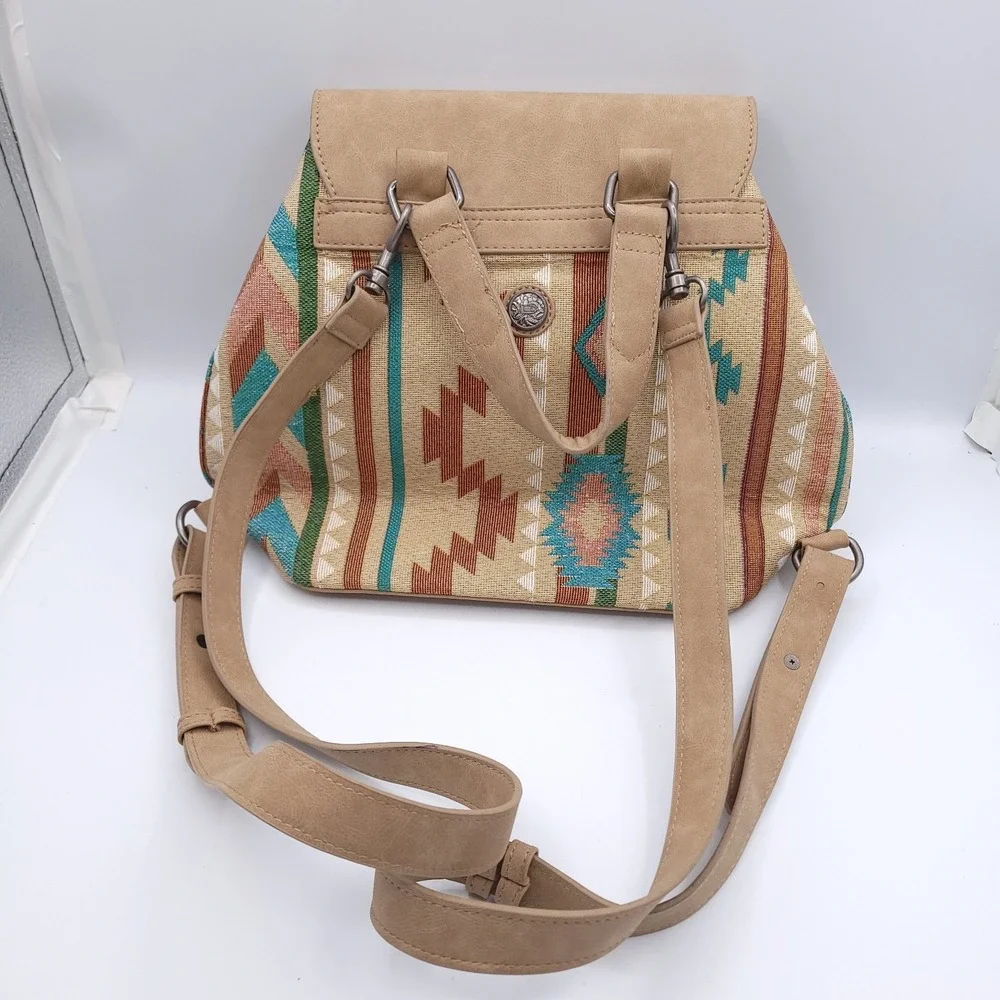 Justin Boots Southwestern Style Leather Backpack Purse Tan and Turquoise Bag